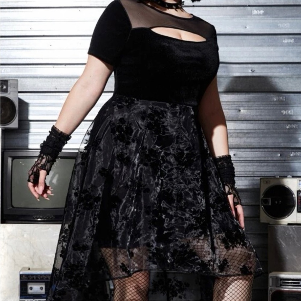Black Contrast high-low velvet and mesh dress - XL